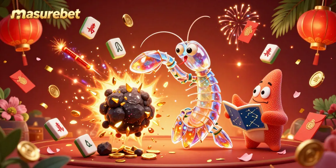 Masurebet offers an exciting lottery experience with vibrant visuals of a galactic samurai shrimp amid golden treasures.
