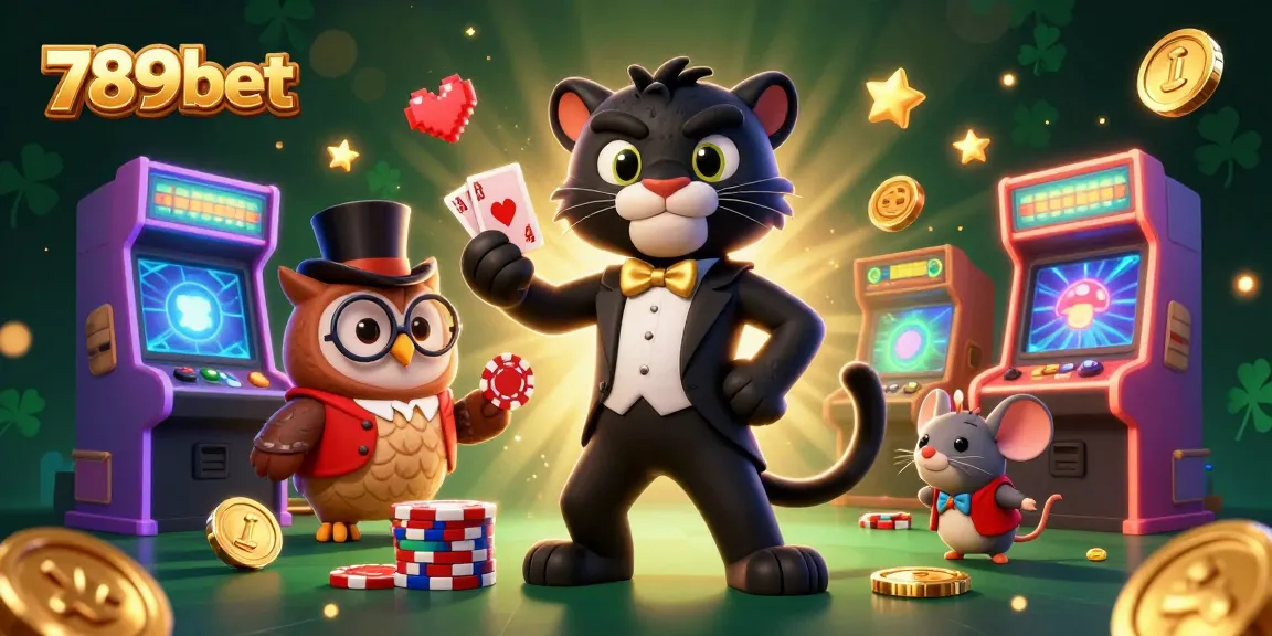 Experience the thrill of 789bet with a stylish cartoon scene featuring a panther, owl, and lucky mouse in a casino atmosphere.