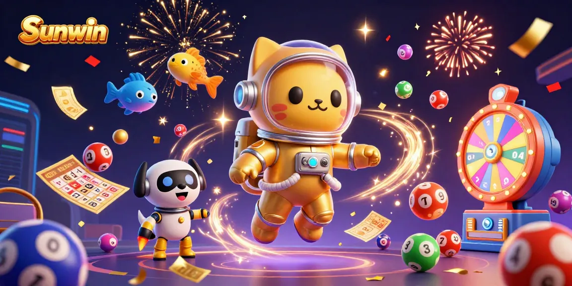 Sunwin lottery excitement with astronaut cat and robot dog amidst colorful games.
