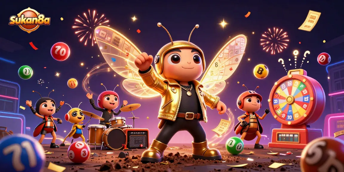 Sukan8a casino celebration with a cartoon cicada rock star and dynamic gaming elements.