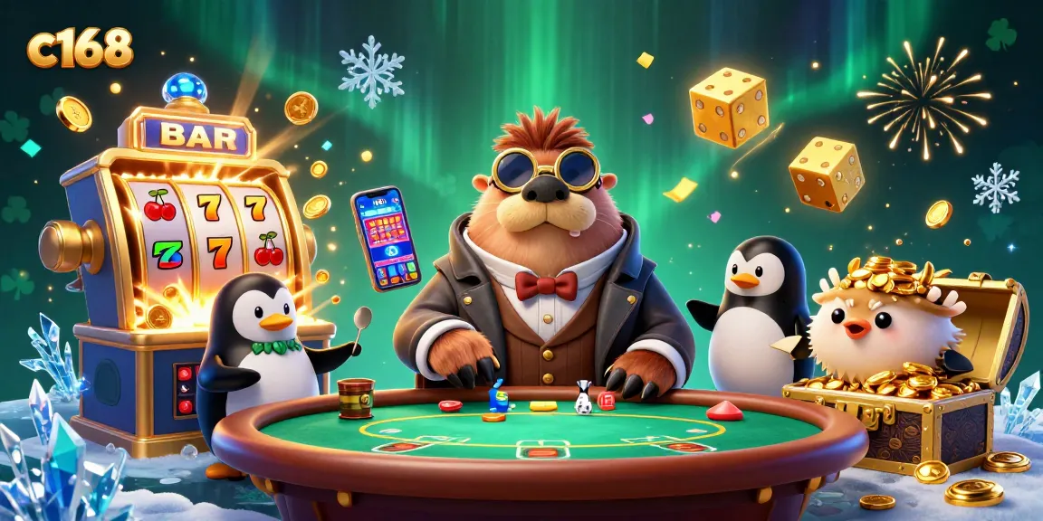 Experience the vibrant c168 casino with a jolly walrus, penguin dealer, and bluffing pufferfish.