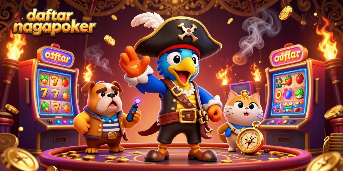 Engage with daftar nagapoker by discovering vibrant slot games and characters in this colorful casino illustration.