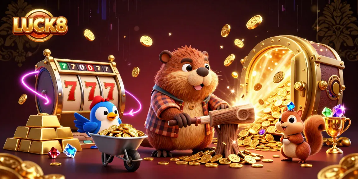 LUCK8 engages players with a vibrant 3D casino illustration featuring gold coins and slot elements.
