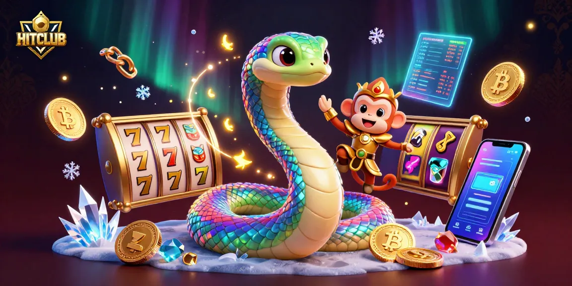Experience HITCLUB with vibrant slot reels and crypto coins in an enchanting casino scene.