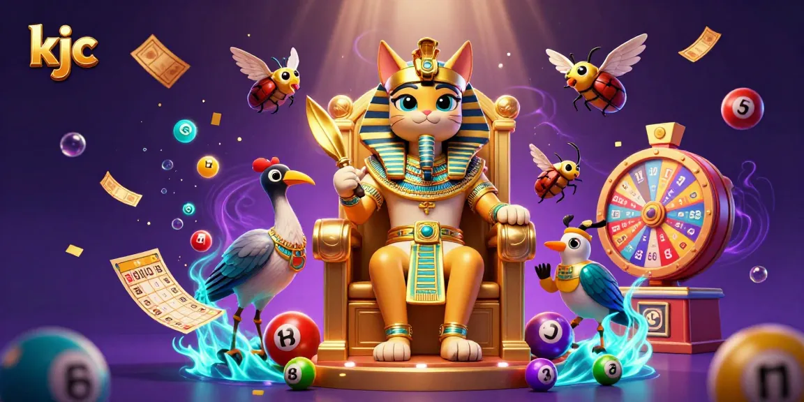 Engage with the vibrant scene of KJC, where a pharaoh cat and friends celebrate dynamic lottery play amid colorful elements.