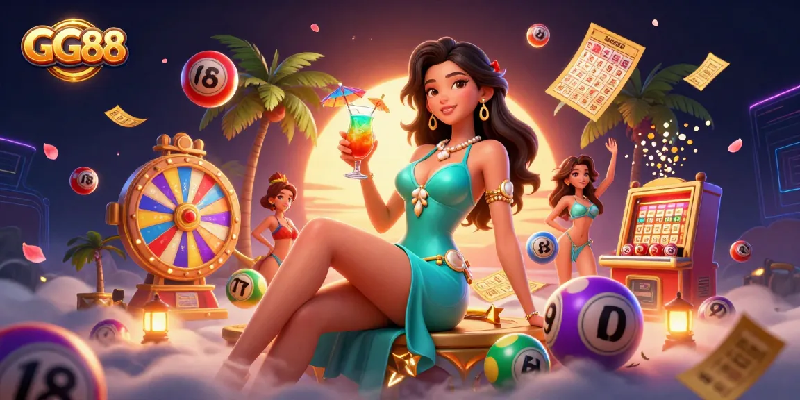 Engage with GG88, showcasing a vibrant casino scene filled with dynamic lottery elements and a tropical theme.