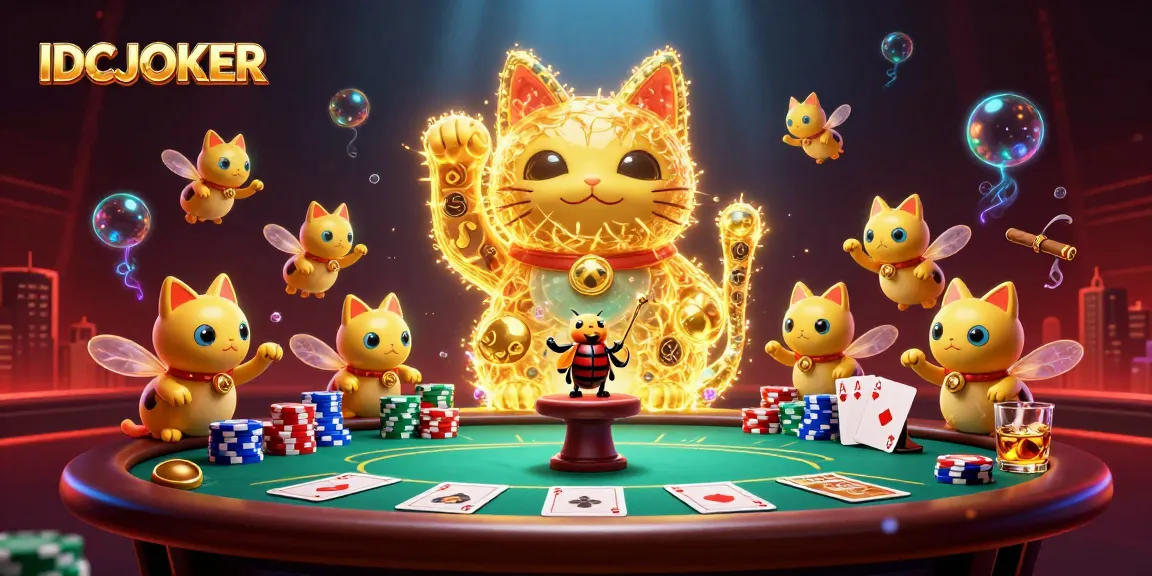 Experience thrilling luck with IDCJOKER as golden fireflies create a vibrant casino scene.