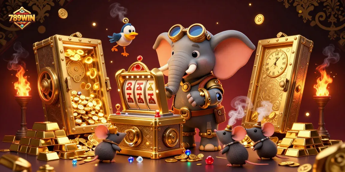 Spin the golden slot machine at 789WIN to unlock treasures in this vibrant casino scene.