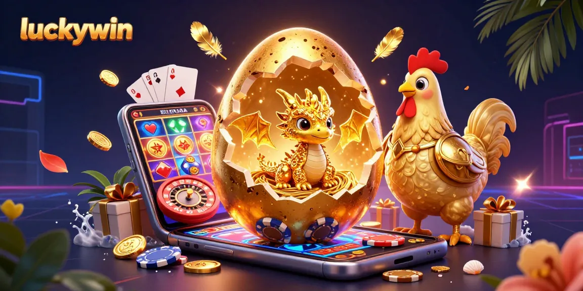 Engage with luckywin's vibrant scene showcasing a golden baby dragon surrounded by dynamic casino elements.
