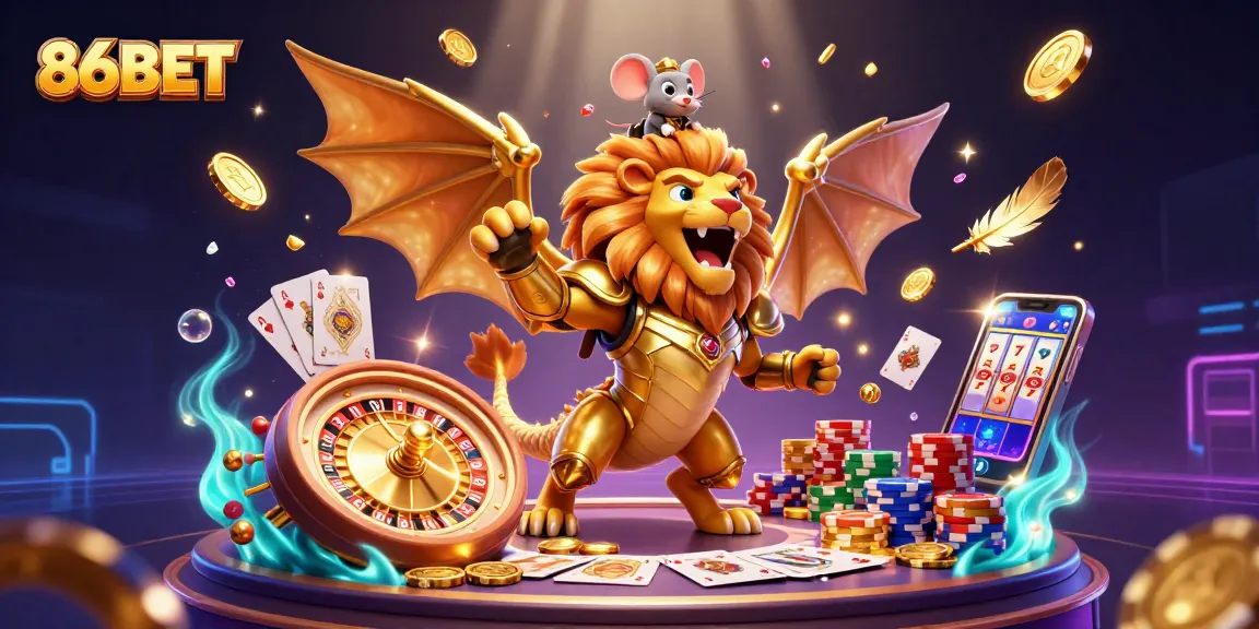 Engage in thrilling gameplay with 86BET, showcasing a triumphant chimera and vibrant casino elements.