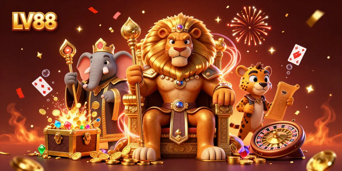 Experience excitement at LV88 with a regal lion king, wise elephant, and swift cheetah in a vibrant casino setting.