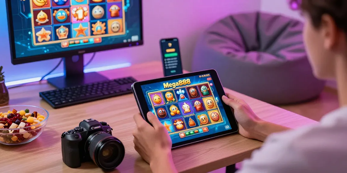Mega888 gaming experience with a player enjoying colorful slot games on a tablet in a cozy setting.