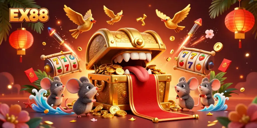 Engage with thrilling slot adventures featuring EX88 in an extravagant 3D casino scene