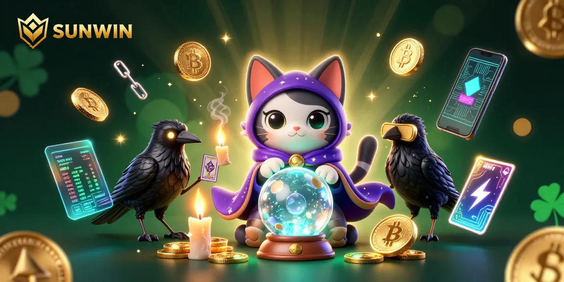 SUNWIN's engaging gaming experience with a mystical cat and tarot raven depicting exciting gambling adventures.