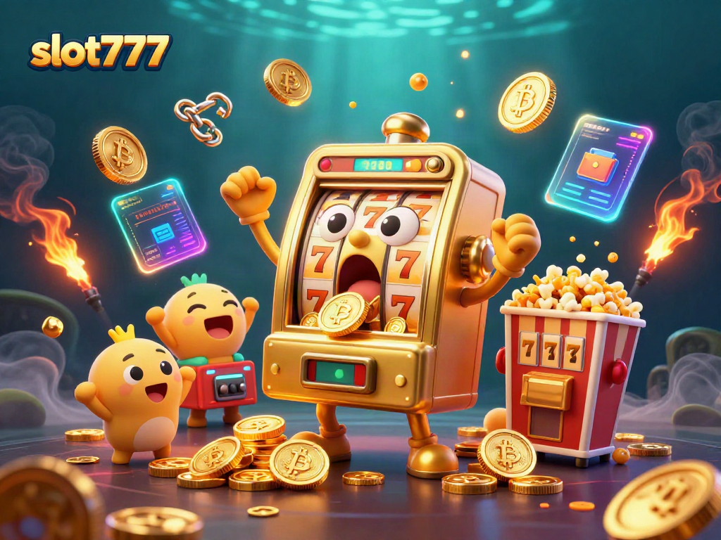 Engage with slot777 as golden slot machines hit jackpots, pouring coins and celebrating.