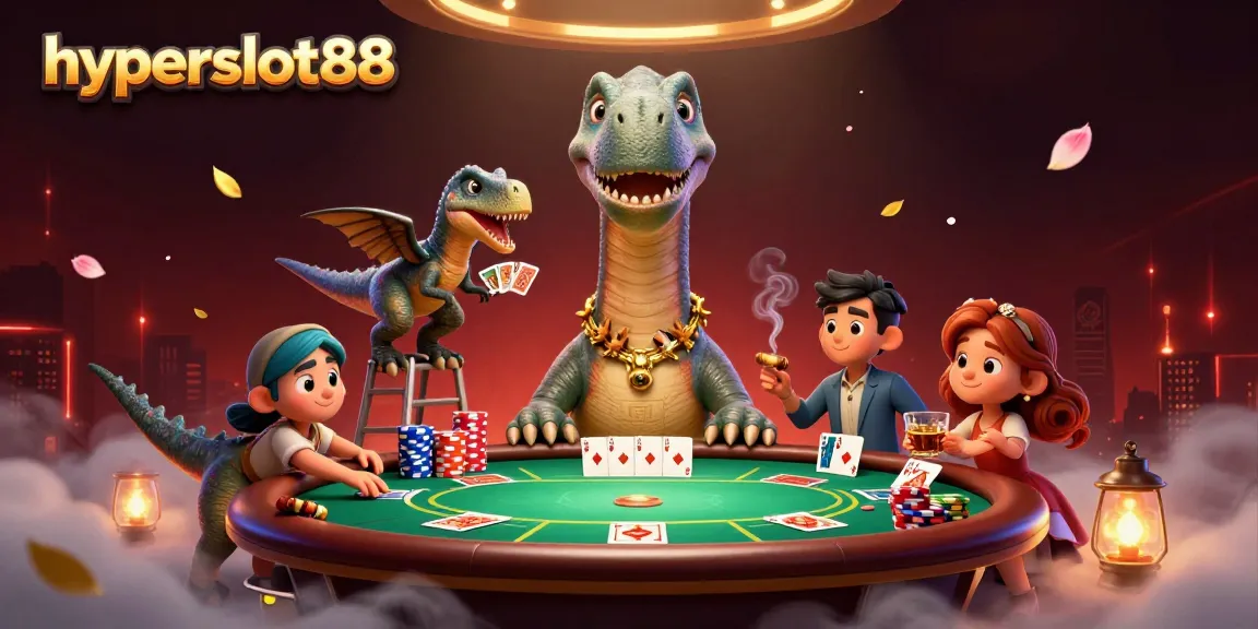 Experience hyperslot88 amidst a playful dinosaur casino scene with vibrant poker elements.