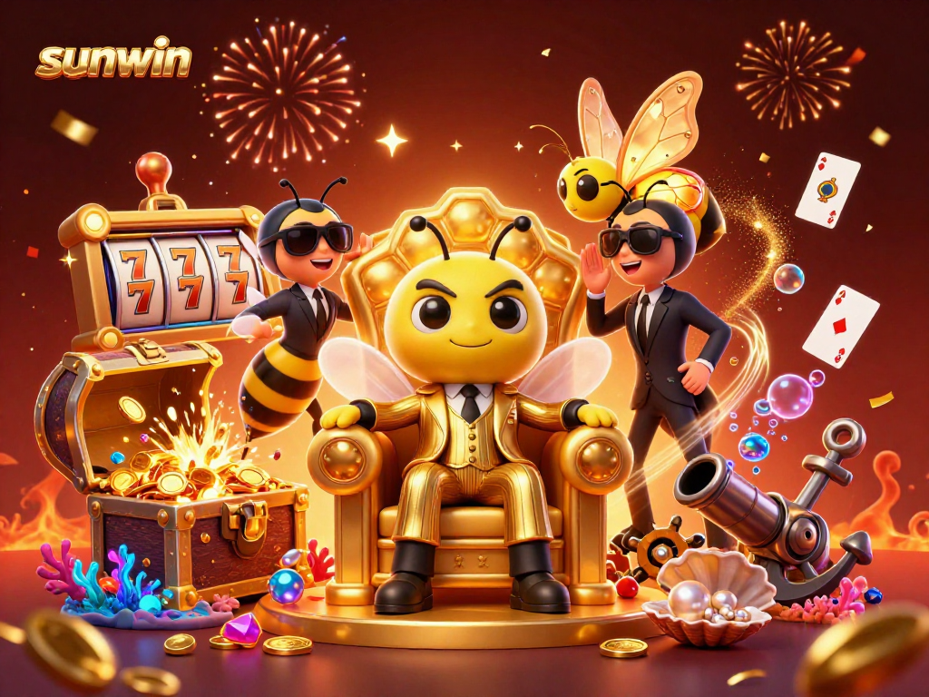 Experience the excitement of sunwin's casino world with vibrant characters and game elements in a celebratory scene.