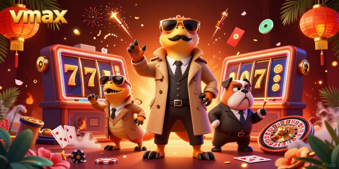Vmax illustrates three raptors in a trench coat entering a casino with slots and poker elements.