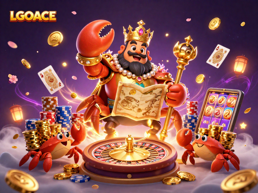 LGOACE showcases a vibrant casino scene with a golden crab emperor amidst chips and cards.