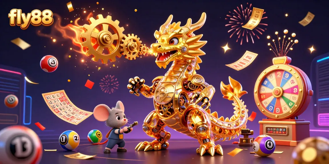 fly88 players celebrate with vibrant lottery elements and a golden dragon mascot in a dynamic casino scene.