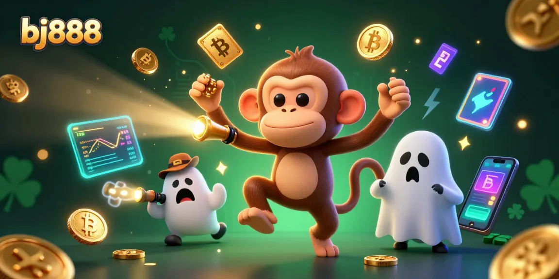 Experience thrilling gameplay with bj888's poltergeist monkey and ghost-hunter puppy in a vibrant casino.