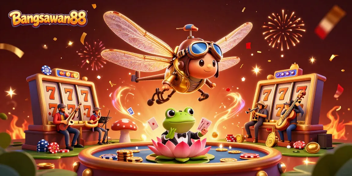 Bangsawan88 showcases a vibrant casino scene filled with action, featuring a dragonfly pilot and lively characters.