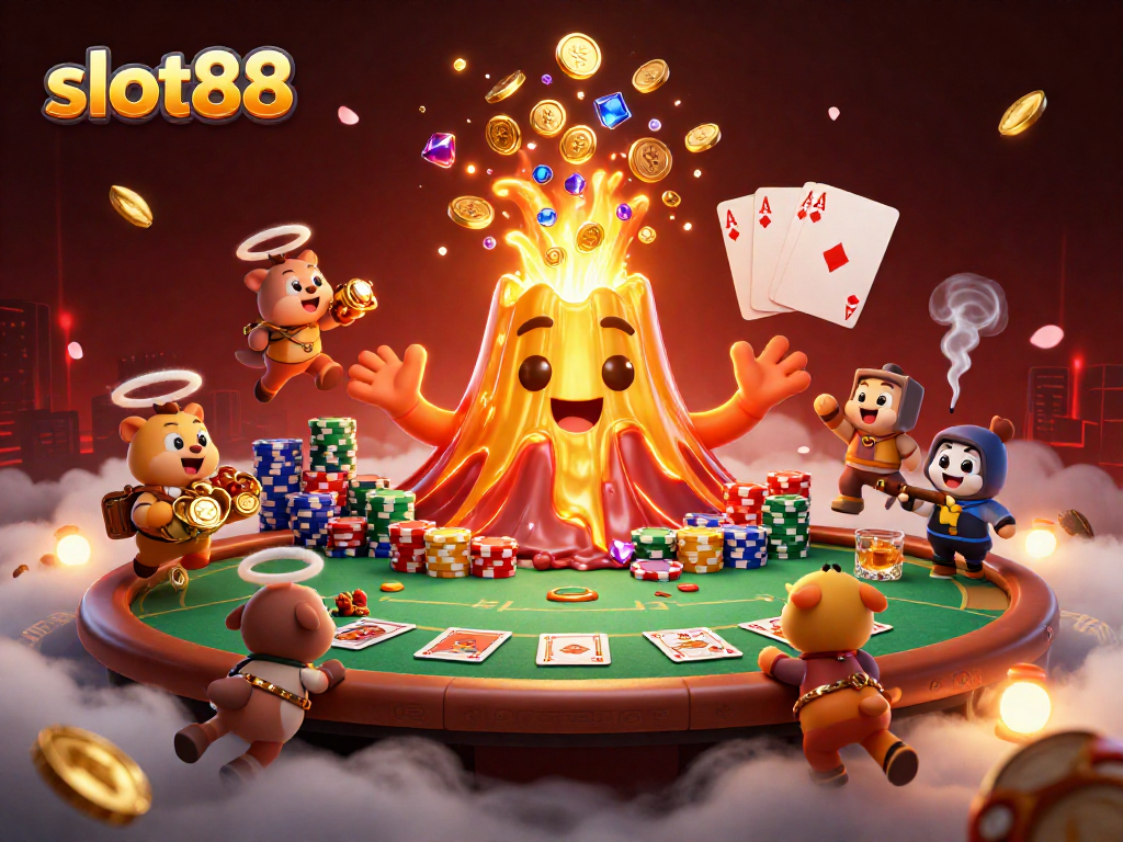 Experience the thrill of slot88 with a dynamic golden volcano spilling treasures in a packed casino scene.