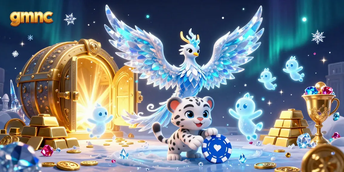 Spin to win with gmnc in an enchanting ice casino scene filled with treasure and light.