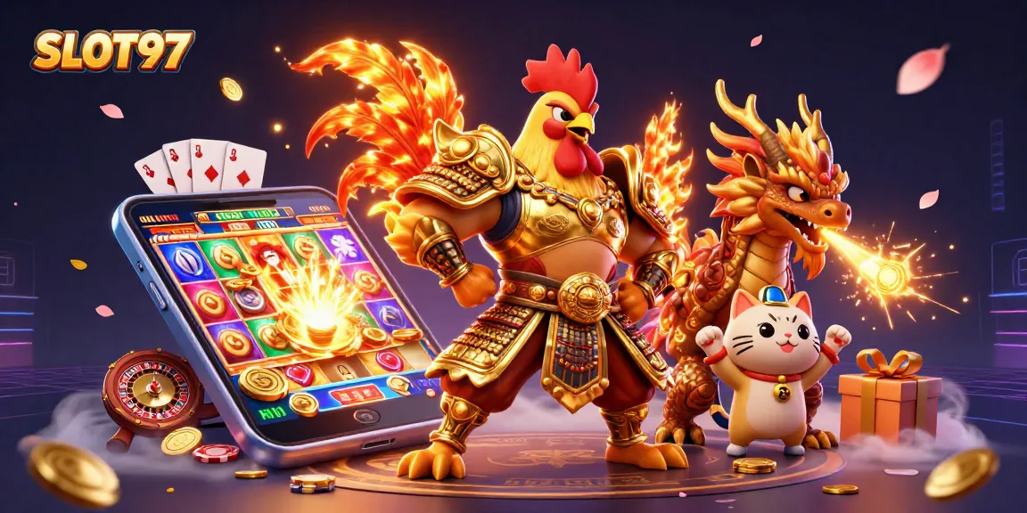 SLOT97 offers thrilling jackpot opportunities with a powerful rooster warrior and dragon in an action-packed scene.