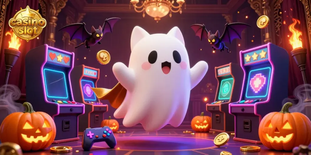 Win big with vibrant casino slots featuring a ghost cat and animated gaming elements.