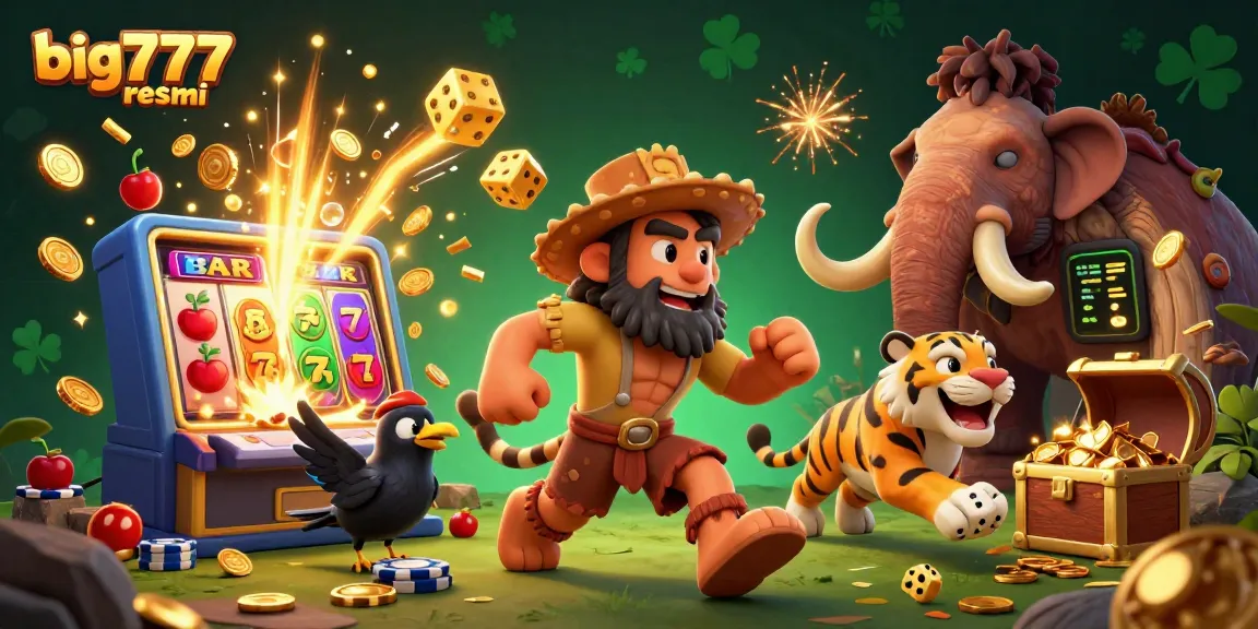Spin to win with big777 resmi in this vibrant 3D casino illustration featuring dynamic characters and jackpot symbols.