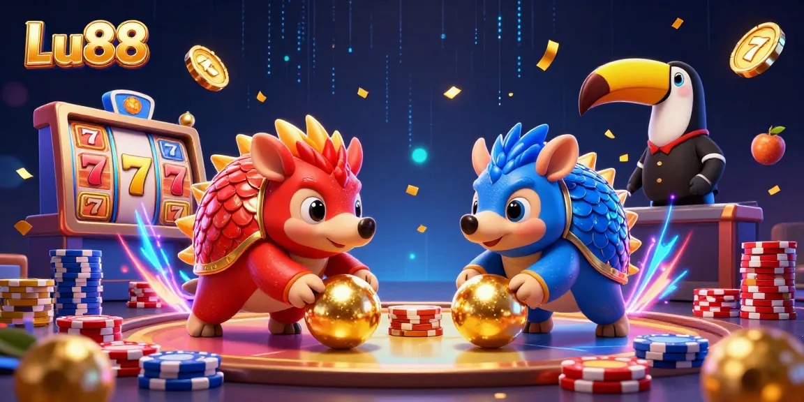 Experience thrilling gameplay at Lu88 with rival pangolins rolling through slot reels and betting slips.