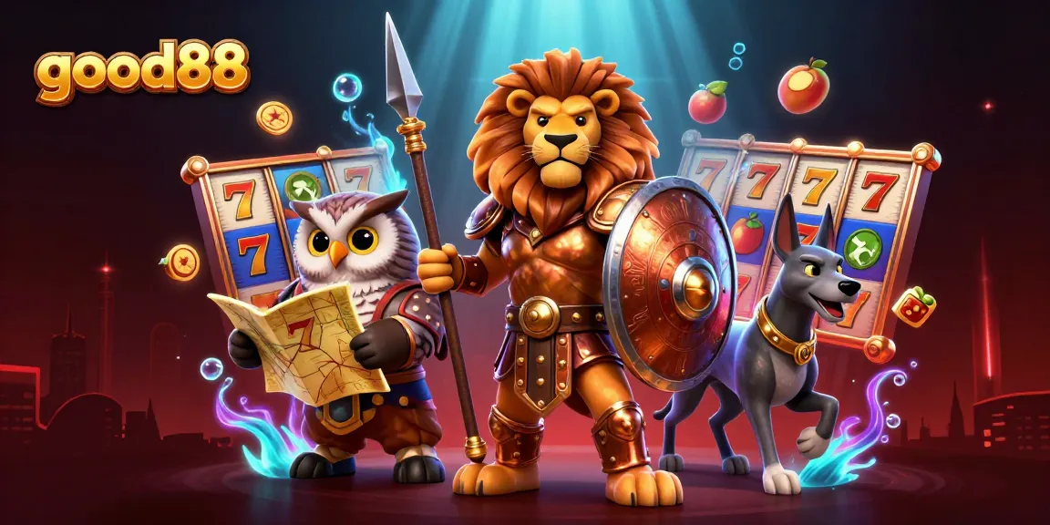 Experience exciting wins at good88 with immersive 3D casino action featuring a lion, owl, and greyhound.