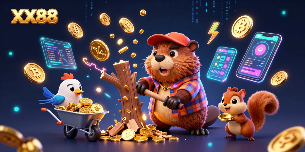 Engage in the excitement of XX88: cartoon beaver collects gold coins amidst neon crypto elements.