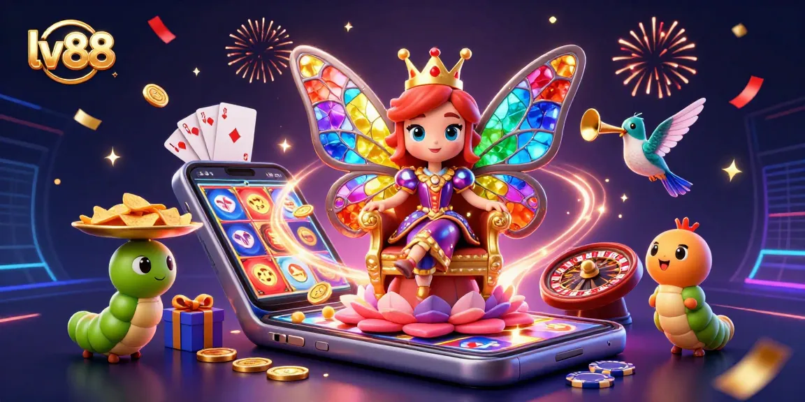 Experience the excitement of lv88 with a vibrant 3D casino scene featuring games and celebratory elements.