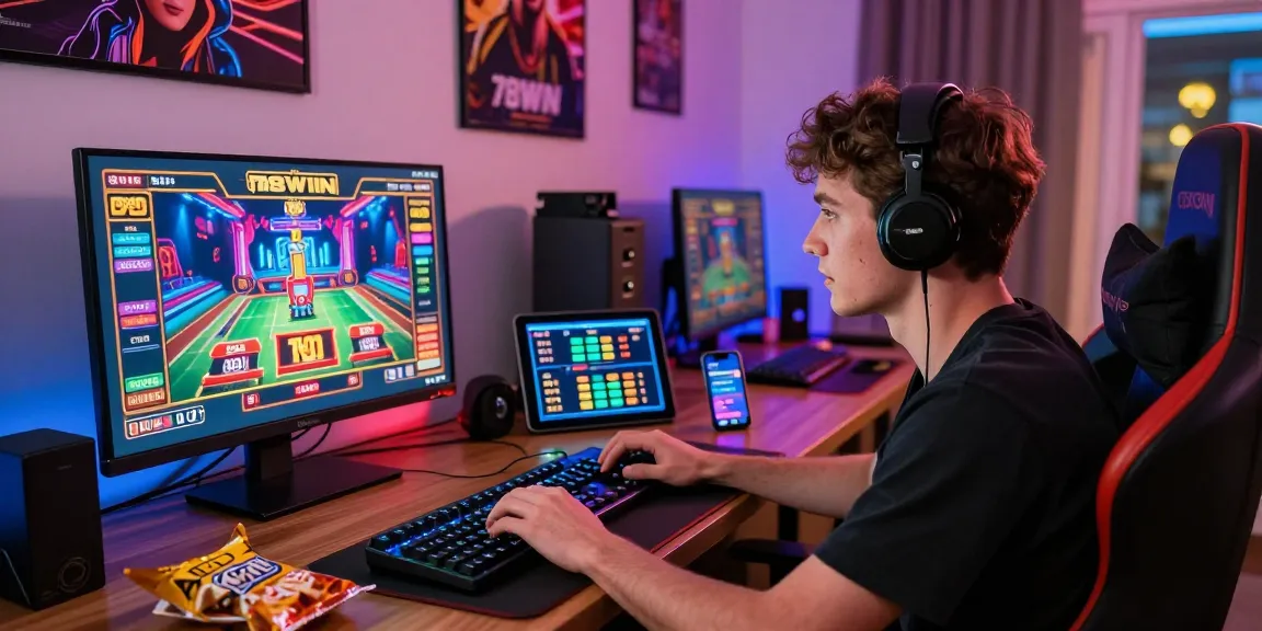 Engaged players enjoying 78win online gaming experience, vibrant LED lights illuminate the scene.