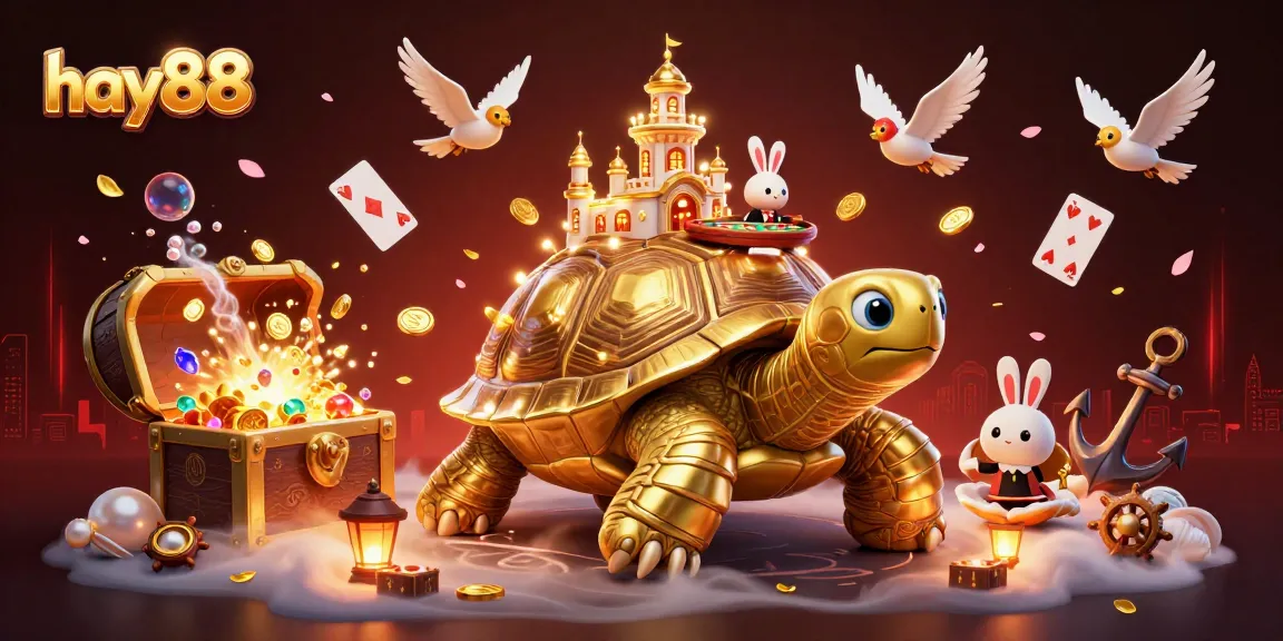 Experience thrilling gameplay at hay88 with a vibrant casino scene featuring a golden tortoise and a rabbit dealer.