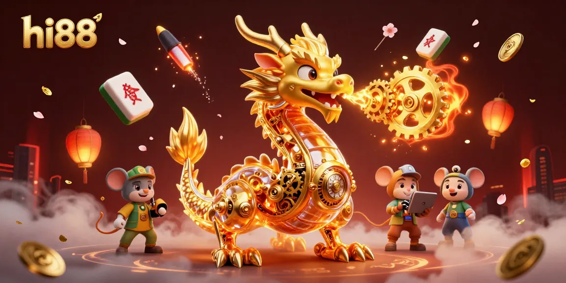 Engage with hi88's exciting game offerings featuring a vibrant 3D illustration of dragons and casino elements.