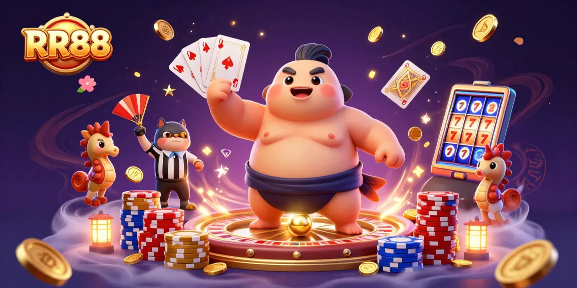 RR88 showcases an underwater casino scene with a cartoon fugu and catfish, highlighting vibrant gambling elements.