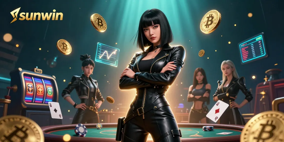 Experience thrilling sunwin action in a vibrant 3D illustration with Bitcoin and gaming elements.