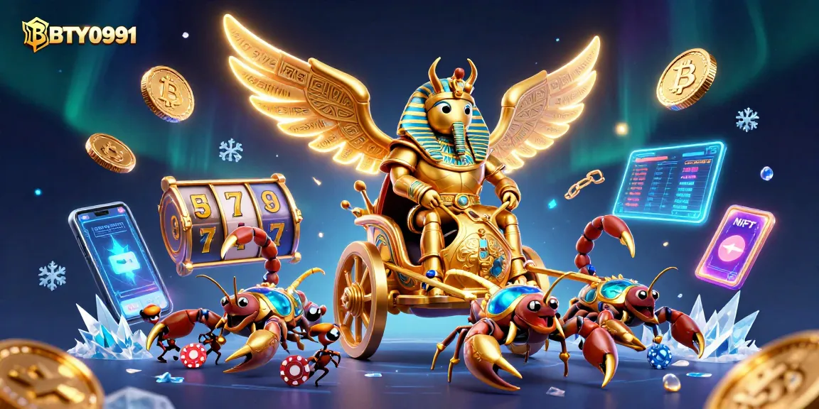 BTY0991 illustrates a vibrant casino scene with a golden scarab, scorpions, and crypto elements.