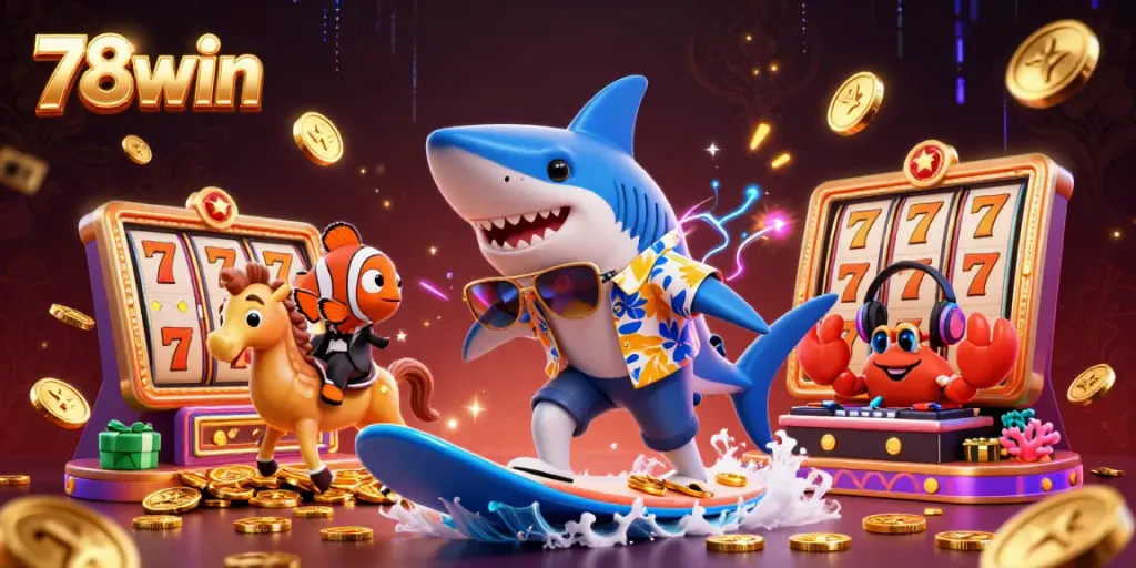 Experience thrilling gaming action with 78win's jackpot features amid energetic characters and lively elements.