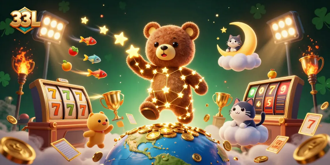 Experience thrilling wins at 33L with golden slots, coins, and vibrant illustration of gaming.