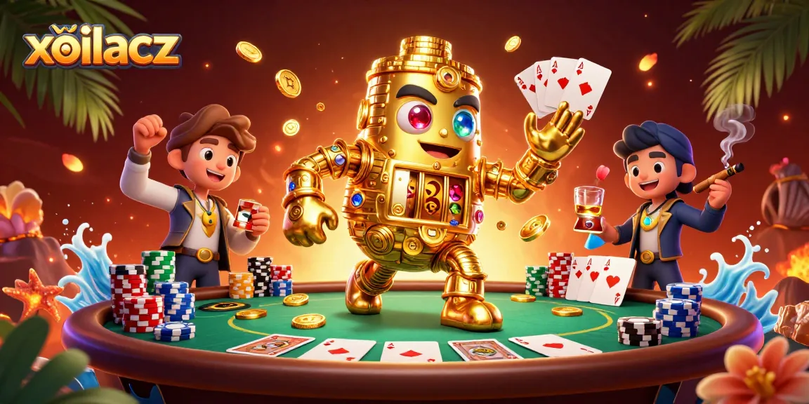 Experience the thrill of xoilacz with a dynamic 3D illustration of a golden golem surrounded by poker elements.