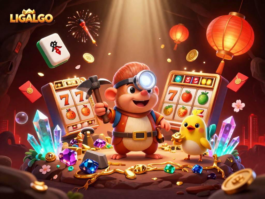 LIGALGO showcases a thrilling 3D treasure hunt scene with a mole and canary amid slot machine elements.