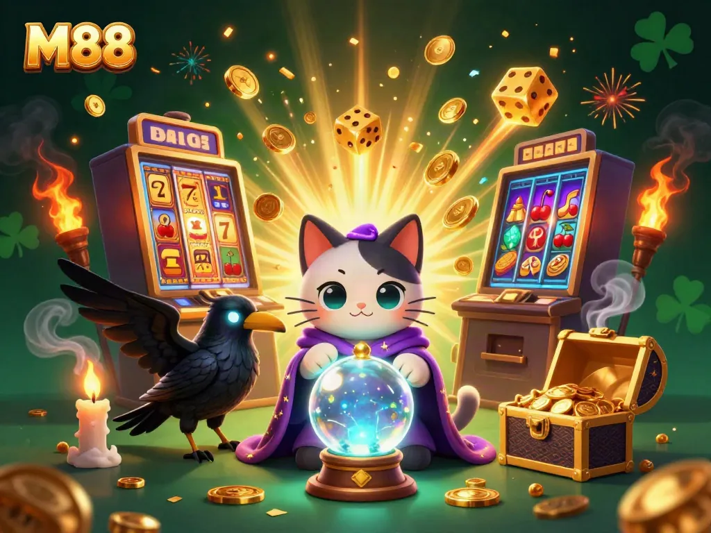 Experience the magic of M88 with a mystical cat and raven in a vibrant casino setting.