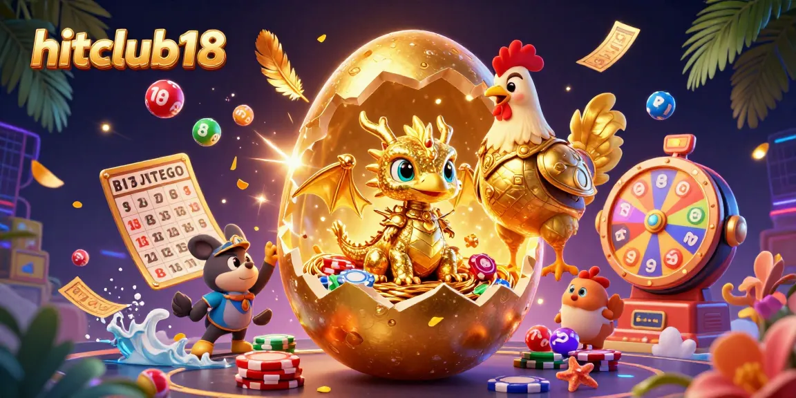 Win big with hitclub18's magical golden dragon amidst bursting lottery balls and vibrant casino elements.