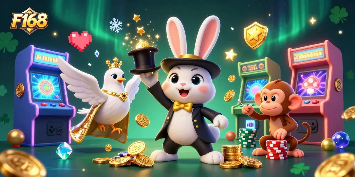 Experience the excitement of F168 as a magician rabbit pulls coins, exuberant gaming scene.