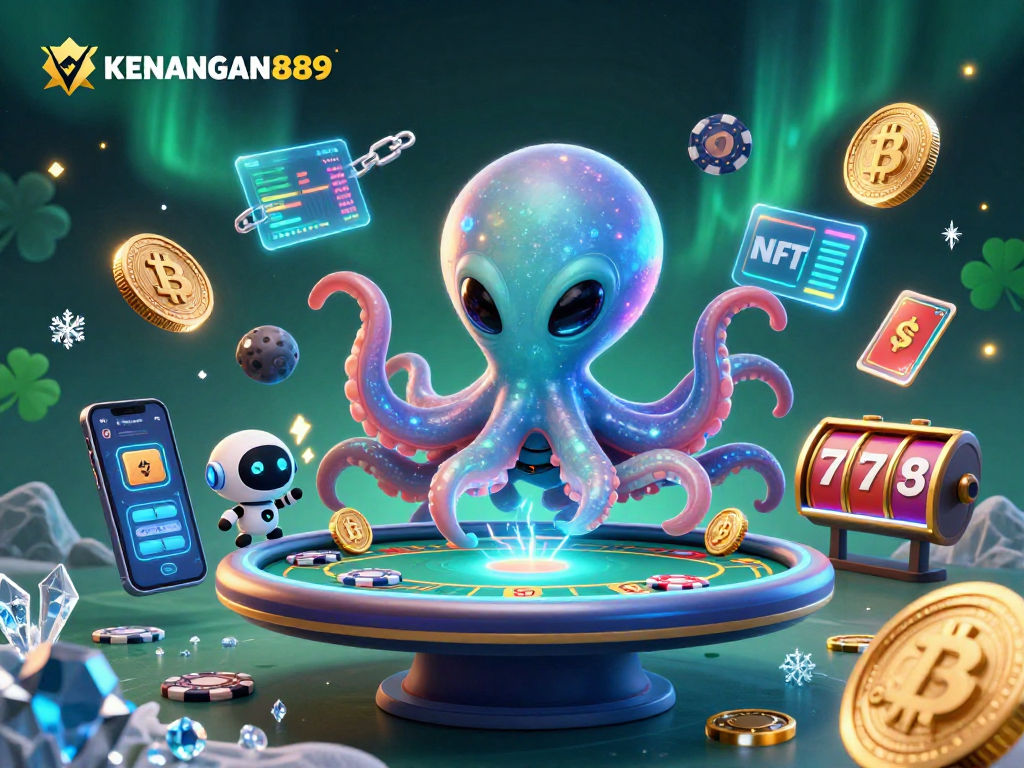 Engage with KENANGAN889 in a vibrant digital casino scene featuring an alien octopus at a poker table.