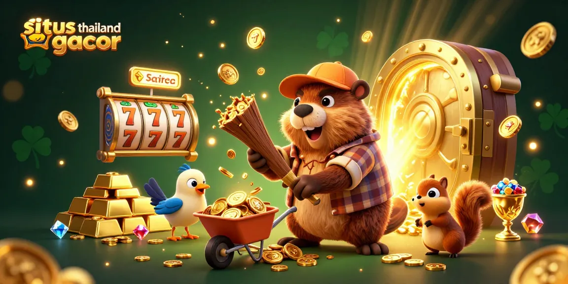 Situs Thailand Gacor showcases a vibrant 3D scene with characters collecting coins and stacking acorns in a dynamic casino environment.